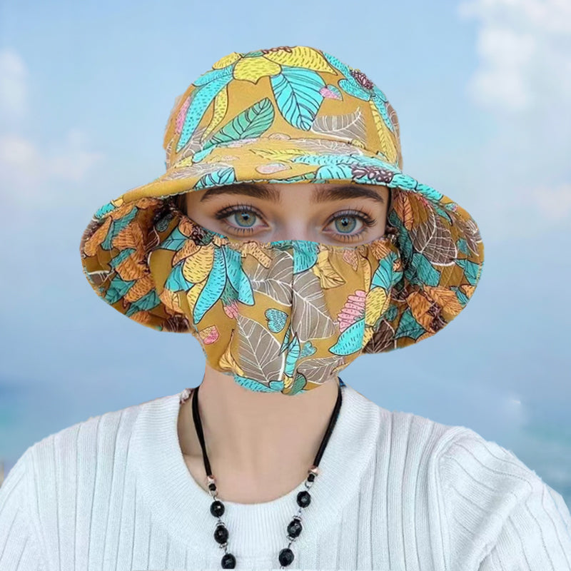 💥Floral Large Brimmed Sun Hat with Mask