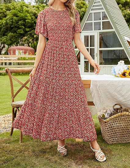 👗Women's Casual Floral Print Short Flutter Sleeve Smocked High Waist Flowy Maxi Dress