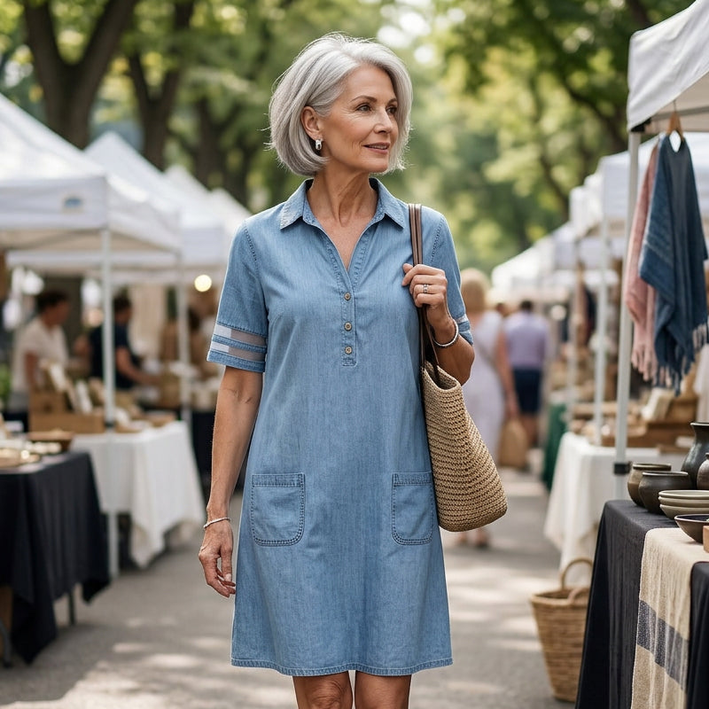 Blue Plain Collared Denim MIni Dress