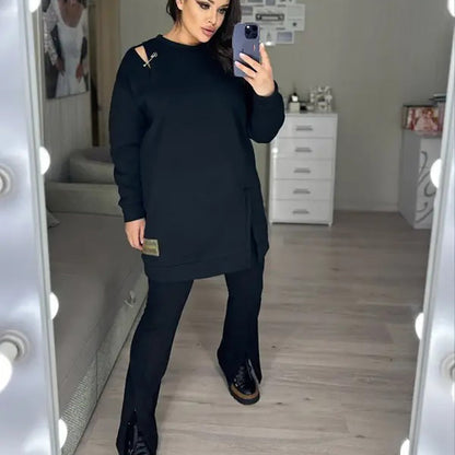 🍂Stylish Round-Neck Side-Slit Long-Sleeve Loose Midi Dress ✨