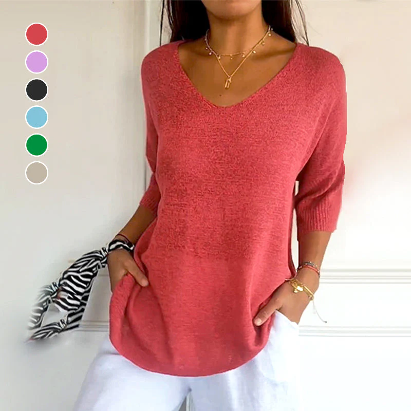 ✨ Solid Color Knitted V-Neck Top – Breathable Comfort, Minimalist Elegance & Timeless Style 💎👚
