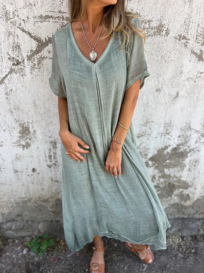 🔥Women's Loose V-neck Cotton Linen Dress