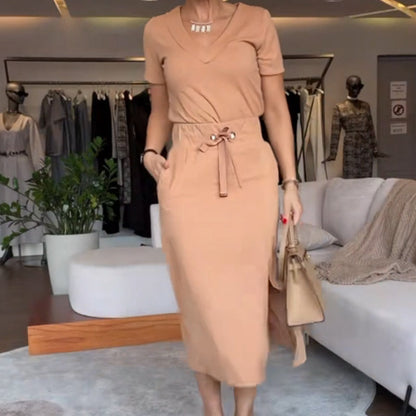 Women's V-Neck Top and Skirt Set