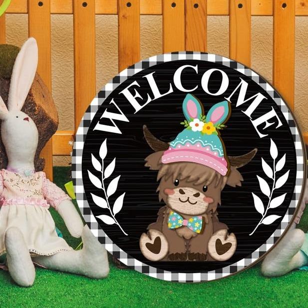 🐇 Easter Sale💥Highland Cow Sign Interchangeable Welcome Sign with Magnet Detachable Hats Cute Cattle Hanging