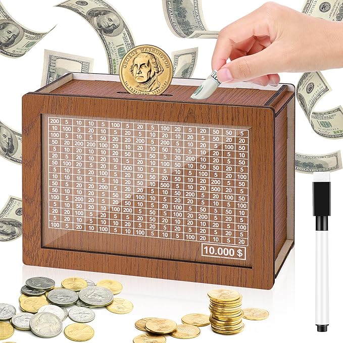 🔥Retro Style Wooden Money Box with Counter Piggy Bank Handmade Saving Money Goal Piggy Bank