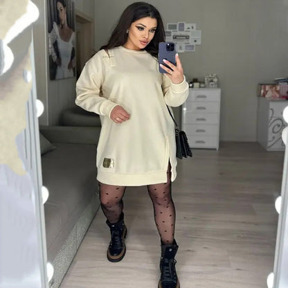 🍂Stylish Round-Neck Side-Slit Long-Sleeve Loose Midi Dress ✨