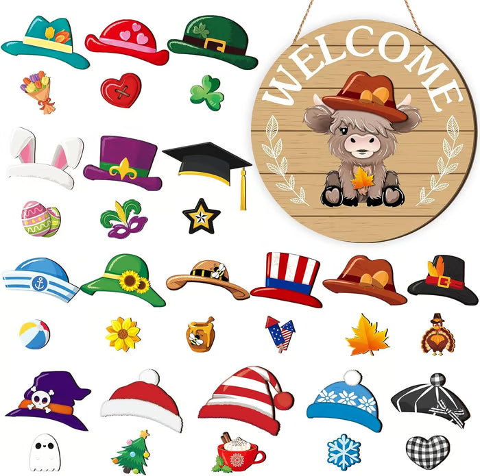 🐇 Easter Sale💥Highland Cow Sign Interchangeable Welcome Sign with Magnet Detachable Hats Cute Cattle Hanging