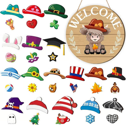 🐇 Easter Sale💥Highland Cow Sign Interchangeable Welcome Sign with Magnet Detachable Hats Cute Cattle Hanging