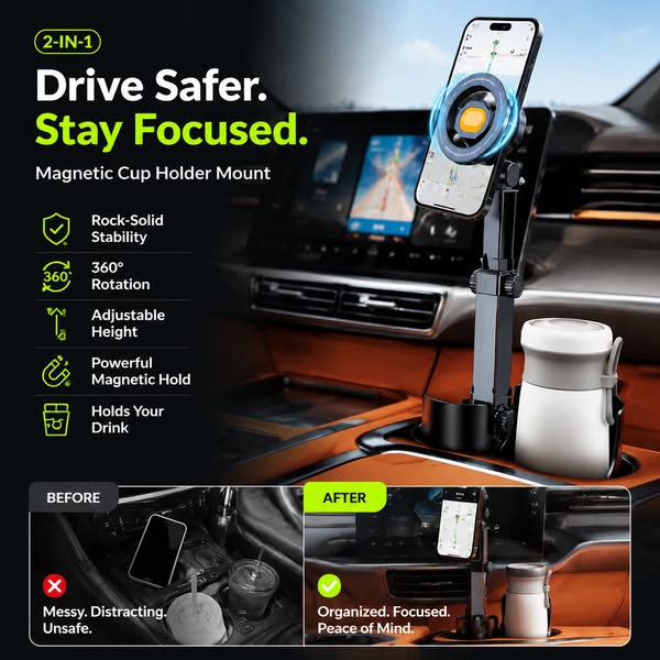 🥳🧲Car Cup Holder Phone Mount – 360° Adjustable, Strong N52 Magnet, One-Hand Operation, Fits All Phones, Stable Magnetic & Clamp Models for Safe Driving