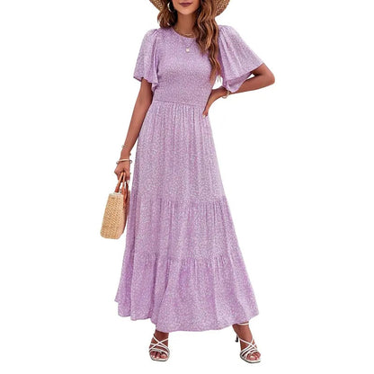 👗Women's Casual Floral Print Short Flutter Sleeve Smocked High Waist Flowy Maxi Dress