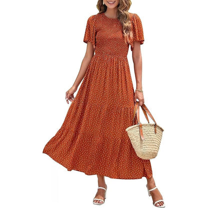 👗Women's Casual Floral Print Short Flutter Sleeve Smocked High Waist Flowy Maxi Dress