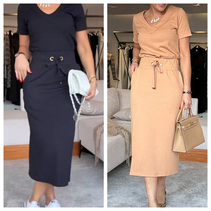 Women's V-Neck Top and Skirt Set