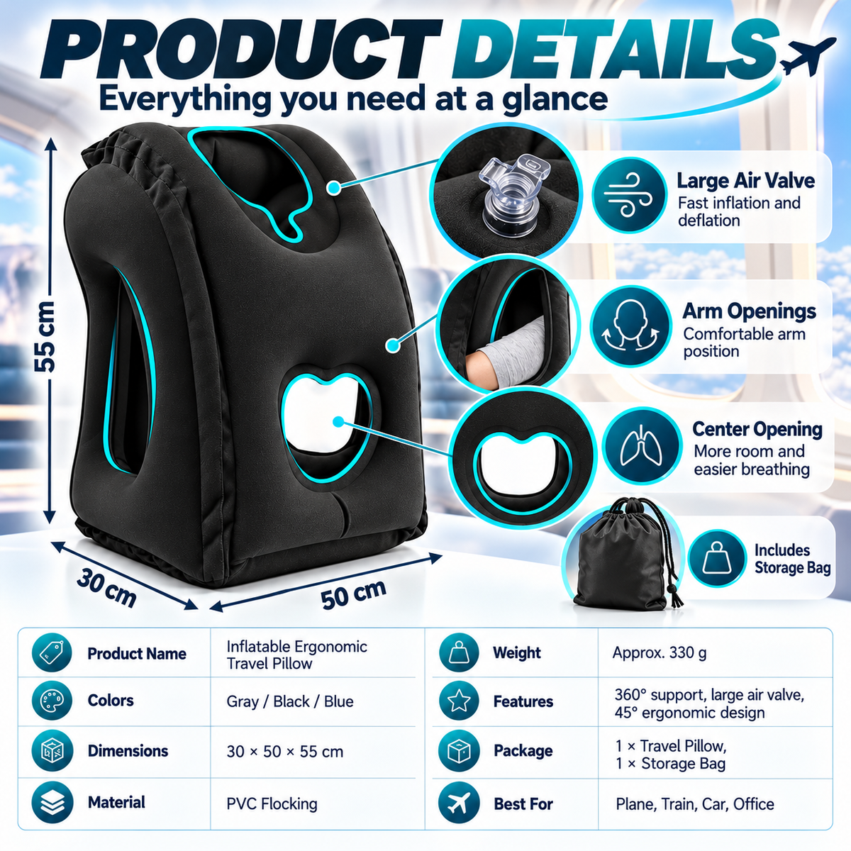 Inflatable Ergonomic Hollow-Cutout Travel Pillow – PVC Flocking, Quick Inflate, With Storage Bag ✨
