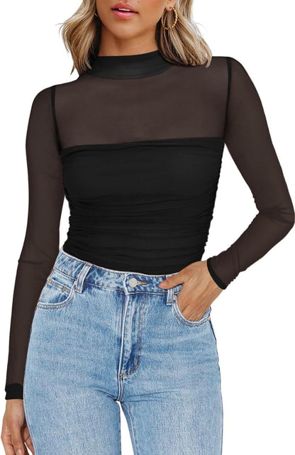 🎉Women's Sparkle Mesh Sheer Long Sleeve Ruched Top