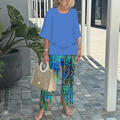 Women’s Casual Round Neck Half Sleeve Top Printed Pants Two Piece Set