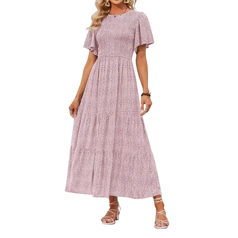 👗Women's Casual Floral Print Short Flutter Sleeve Smocked High Waist Flowy Maxi Dress