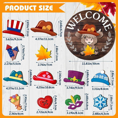 🐇 Easter Sale💥Highland Cow Sign Interchangeable Welcome Sign with Magnet Detachable Hats Cute Cattle Hanging