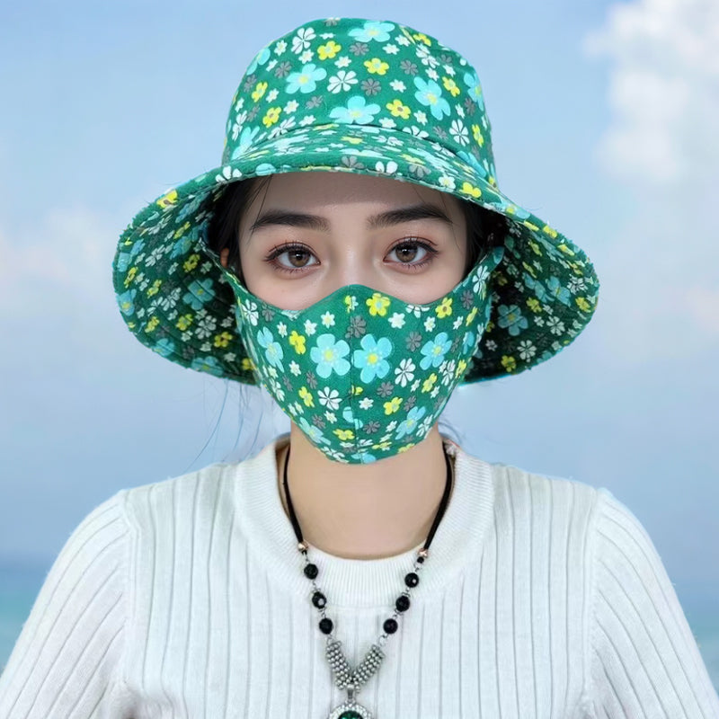 💥Floral Large Brimmed Sun Hat with Mask