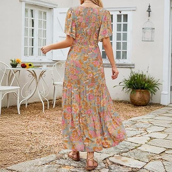 👗Women's Casual Floral Print Short Flutter Sleeve Smocked High Waist Flowy Maxi Dress