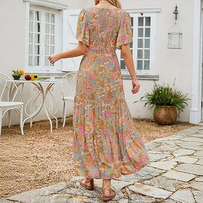 👗Women's Casual Floral Print Short Flutter Sleeve Smocked High Waist Flowy Maxi Dress