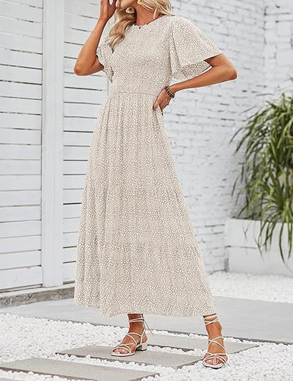 👗Women's Casual Floral Print Short Flutter Sleeve Smocked High Waist Flowy Maxi Dress