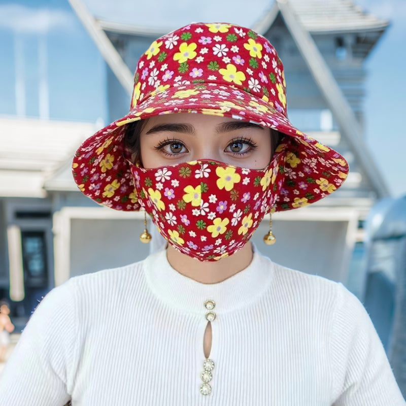 💥Floral Large Brimmed Sun Hat with Mask