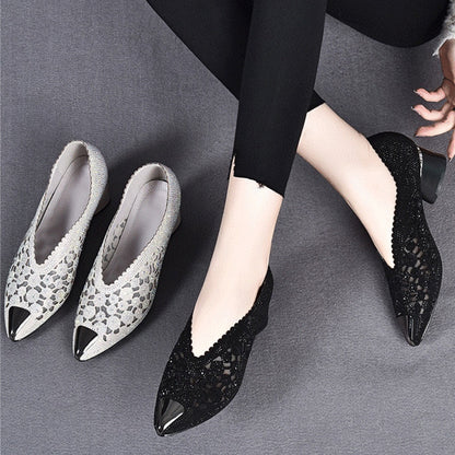 Hollow Mesh Rhinestone Chunky Heel Sandals