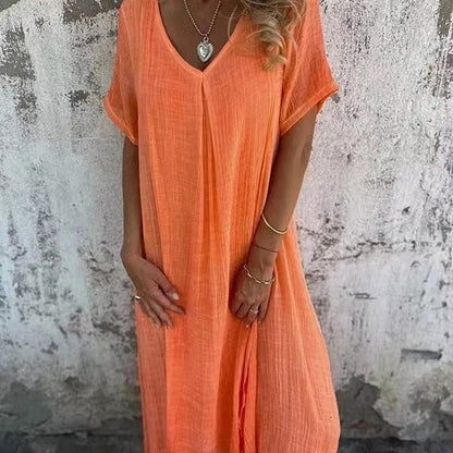 🔥Women's Loose V-neck Cotton Linen Dress