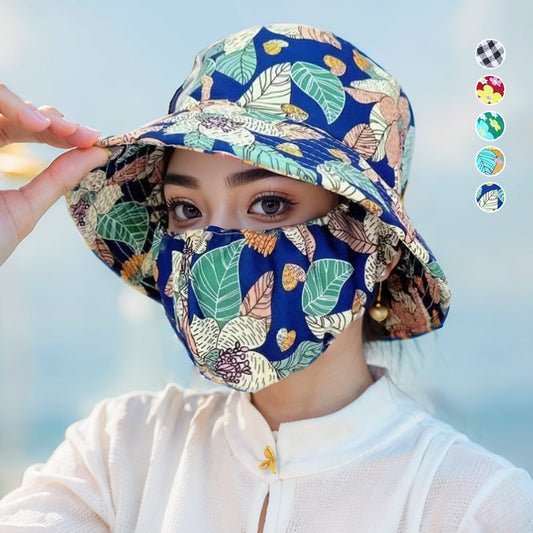 💥Floral Large Brimmed Sun Hat with Mask
