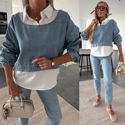 💟Women's Fashion Long Sleeve Denim Top & Pants Two Piece Set
