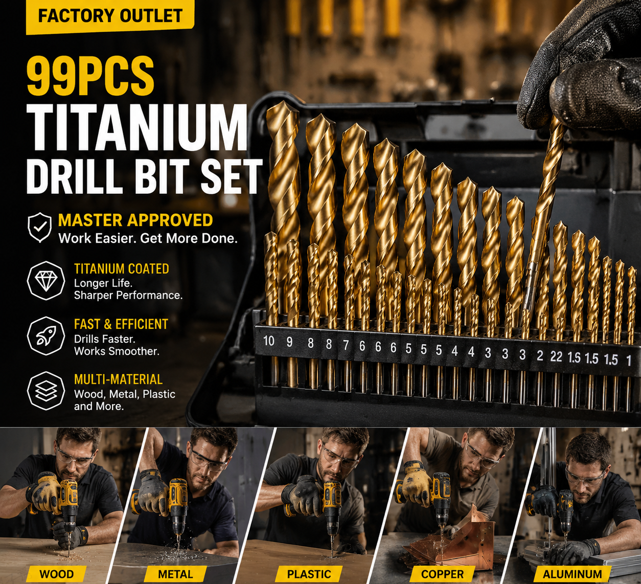 🔥High-efficiency tool favored by veteran craftsmen!Factory Outlet-99pcs Titanium Coated Drill Bit Set