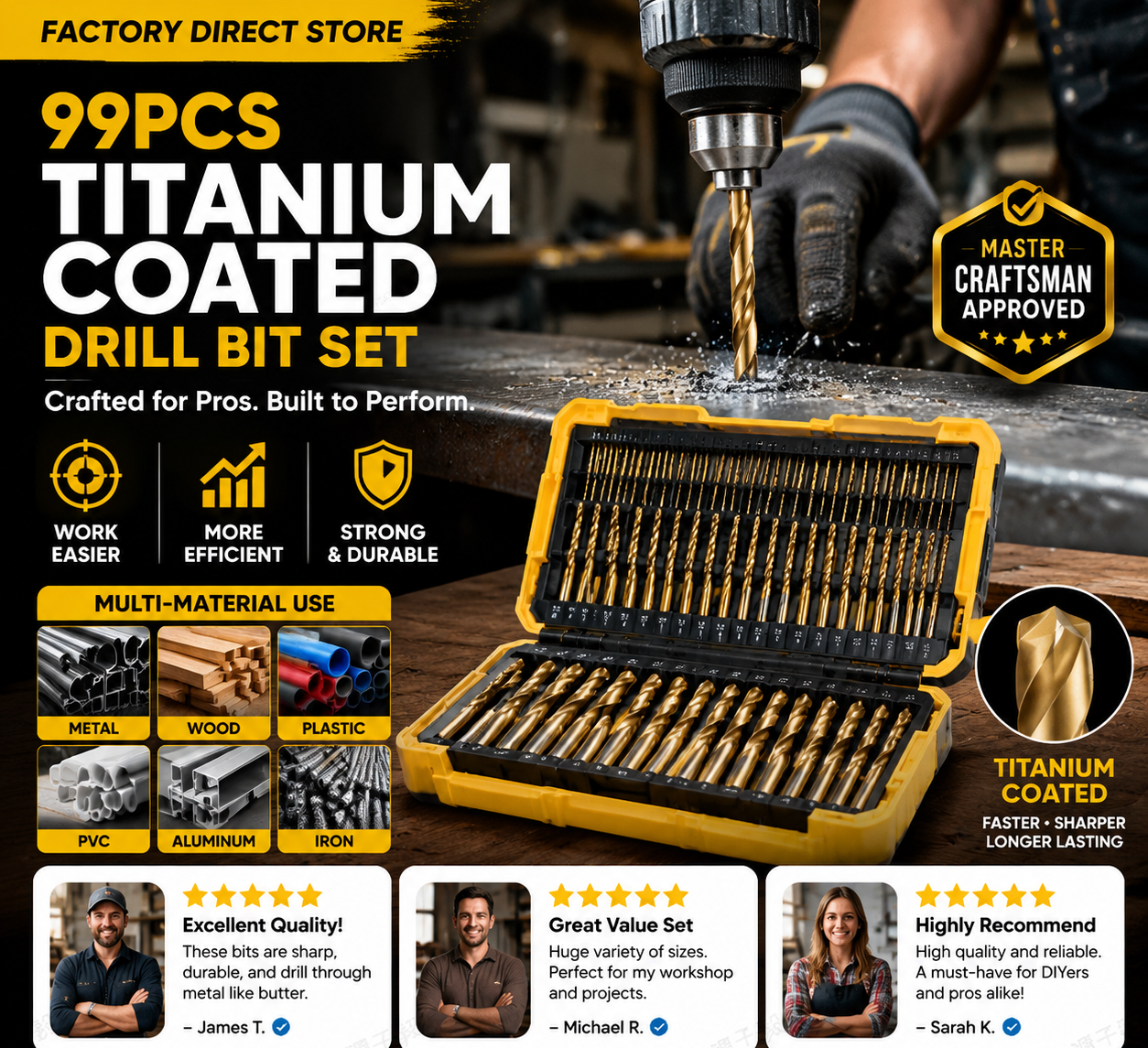 🔥High-efficiency tool favored by veteran craftsmen!Factory Outlet-99pcs Titanium Coated Drill Bit Set