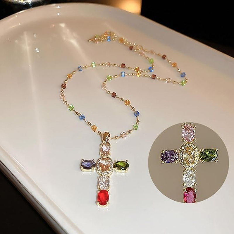 💜Colorful Rhinestone Cross Pendant Necklaces