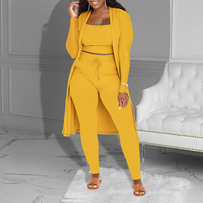 Casual 3-Piece Knit Set – Cropped Top, Cardigan & Pants