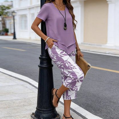 🔥Casual Round Neck Layered Tunic Top and Wide Leg Pants Set
