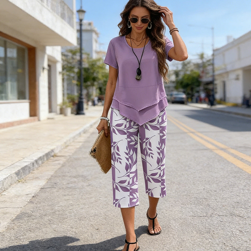 🔥Casual Round Neck Layered Tunic Top and Wide Leg Pants Set