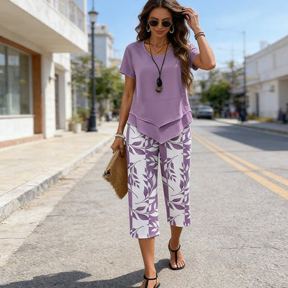 🔥Casual Round Neck Layered Tunic Top and Wide Leg Pants Set