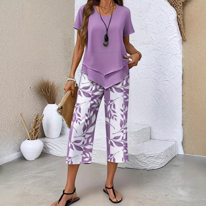 🔥Casual Round Neck Layered Tunic Top and Wide Leg Pants Set