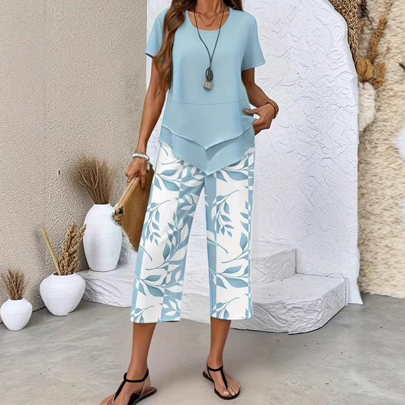 🔥Casual Round Neck Layered Tunic Top and Wide Leg Pants Set