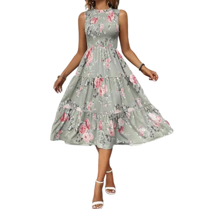 👗Women’s Sleeveless Floral Print Casual Dress – Smocked Bodice, Tiered Skirt, Midi Length ✨