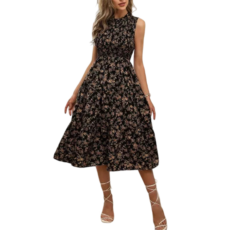 👗Women’s Sleeveless Floral Print Casual Dress – Smocked Bodice, Tiered Skirt, Midi Length ✨