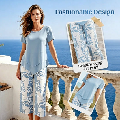 🔥Casual Round Neck Layered Tunic Top and Wide Leg Pants Set