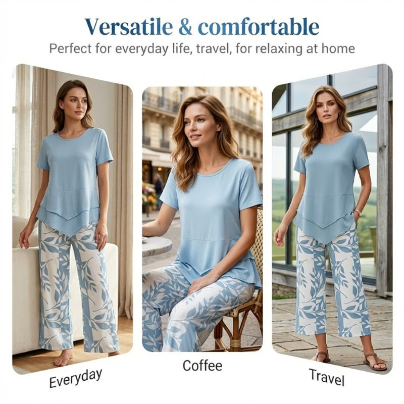 🔥Casual Round Neck Layered Tunic Top and Wide Leg Pants Set