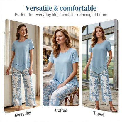 🔥Casual Round Neck Layered Tunic Top and Wide Leg Pants Set