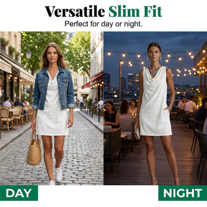 👗 Elegant Slim Fit Cowl Neck Dress – Sleeveless, Side Pockets, Versatile ✨