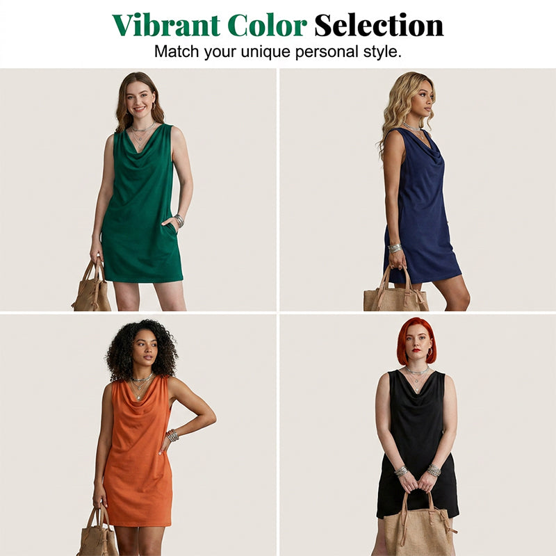 👗 Elegant Slim Fit Cowl Neck Dress – Sleeveless, Side Pockets, Versatile ✨