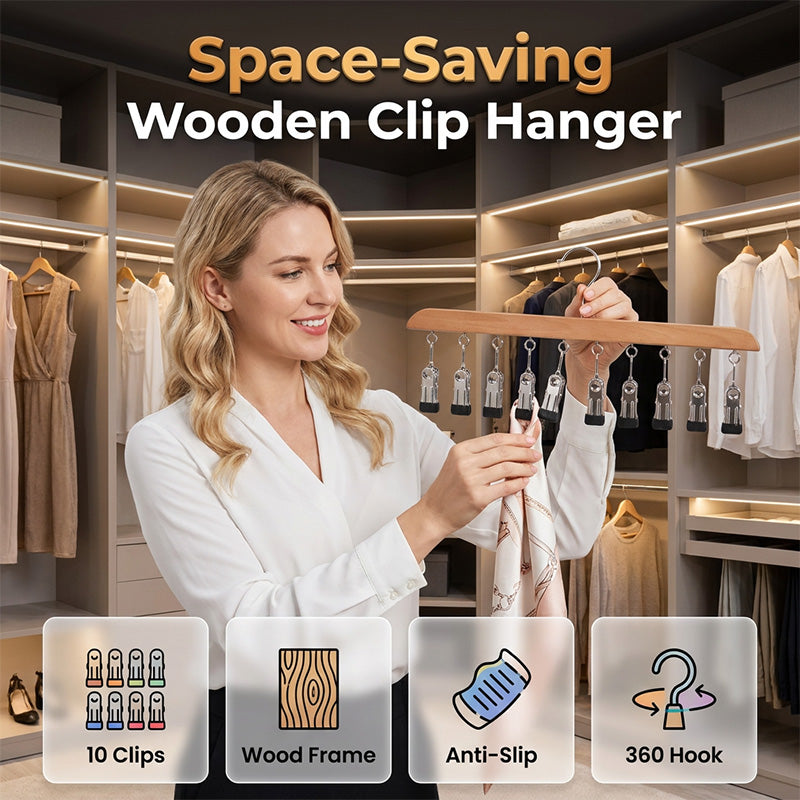 Multi-Clip Wooden Hanger for Closet Organization👔