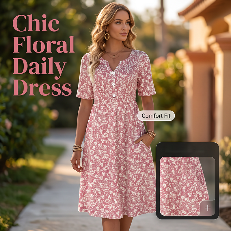 Women's Casual V-Neck Print Dress with Pockets💐👗