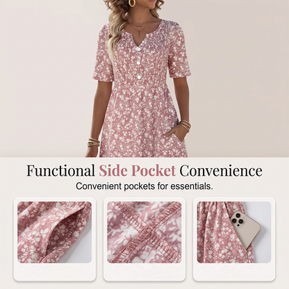 Women's Casual V-Neck Print Dress with Pockets💐👗