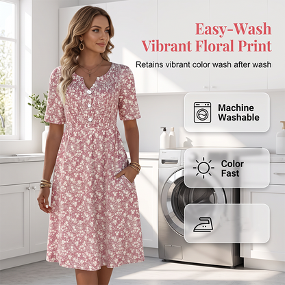 Women's Casual V-Neck Print Dress with Pockets💐👗